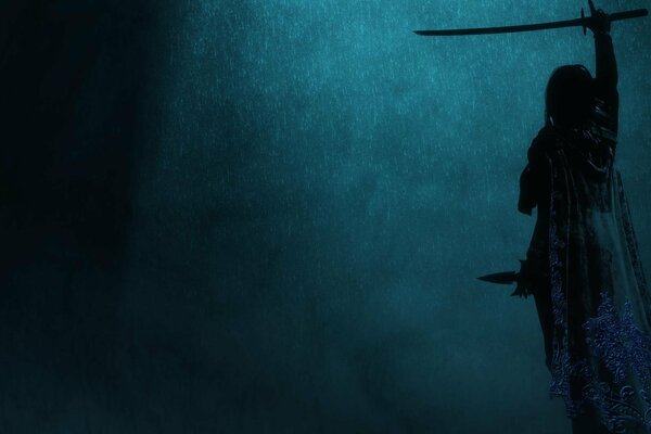 Representación de una chica con una espada en un fondo azul oscuro