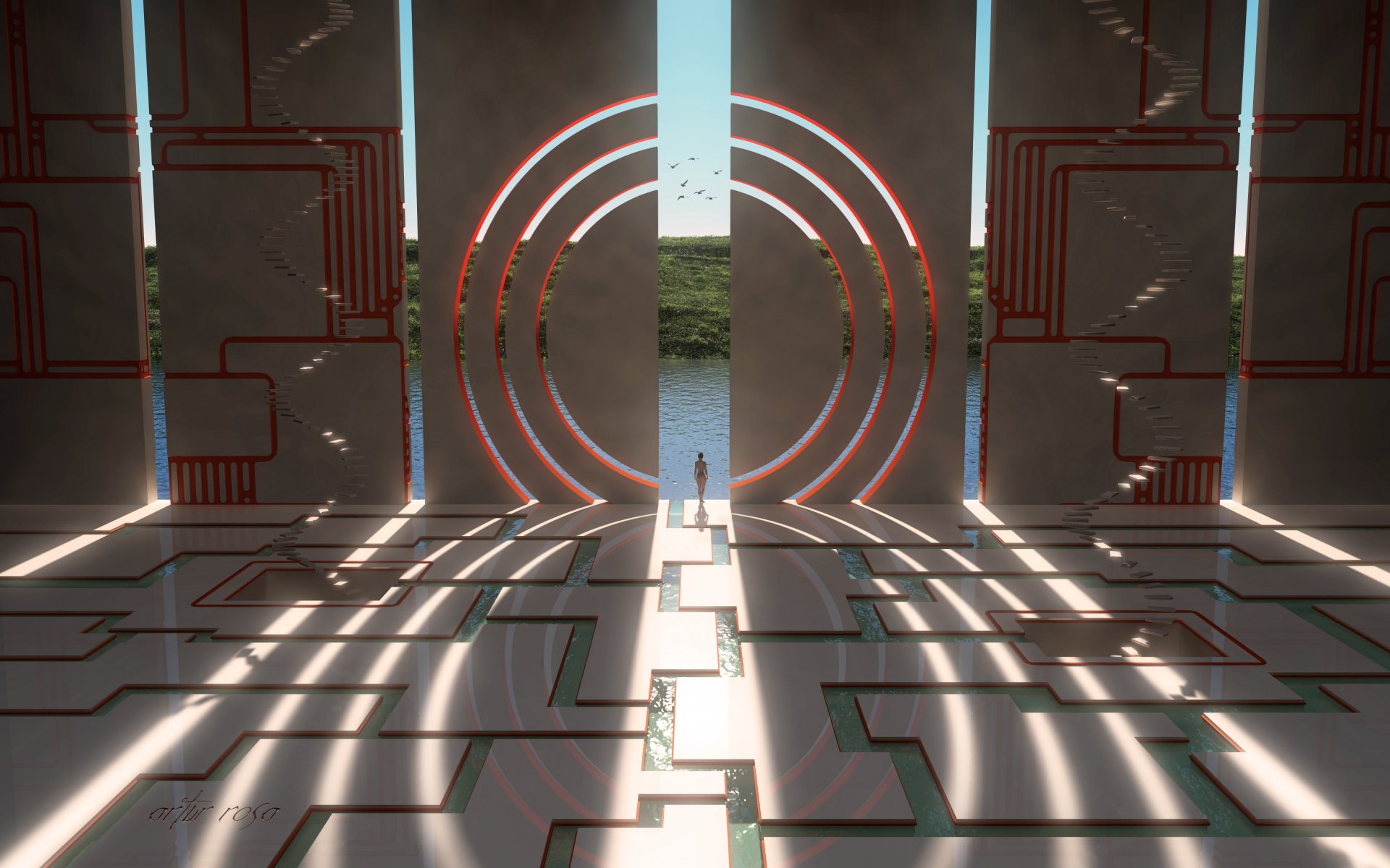 arte chica paredes rayas agua vegetación casa líneas paisaje círculos pájaros escaleras surrealismo