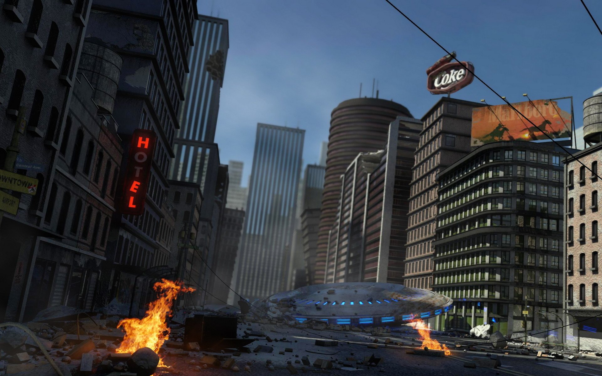 platillo volador alienígenas ciudad señalización fuego naufragio