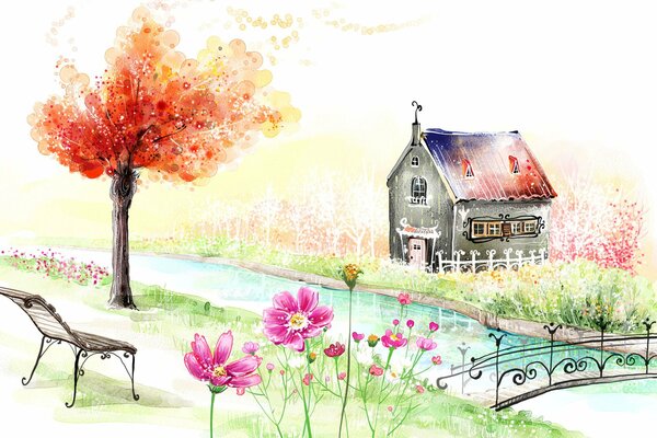 Paisaje con casa y banco