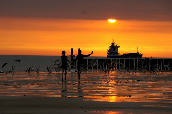 Maravillosa puesta de sol, playa y olas