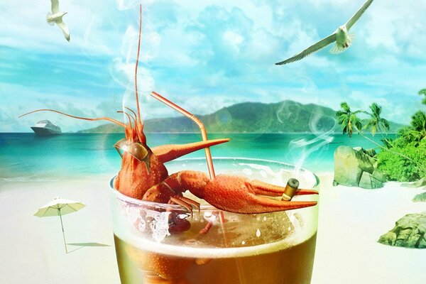 Vacaciones-cóctel de mar de langosta y gaviotas