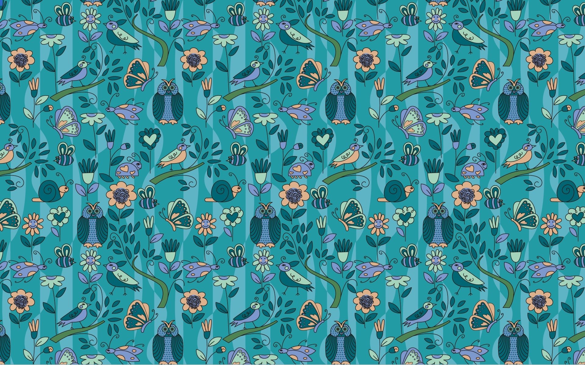 textura fondo azul color búhos mariposas pájaros caracoles mariquitas flores corazones