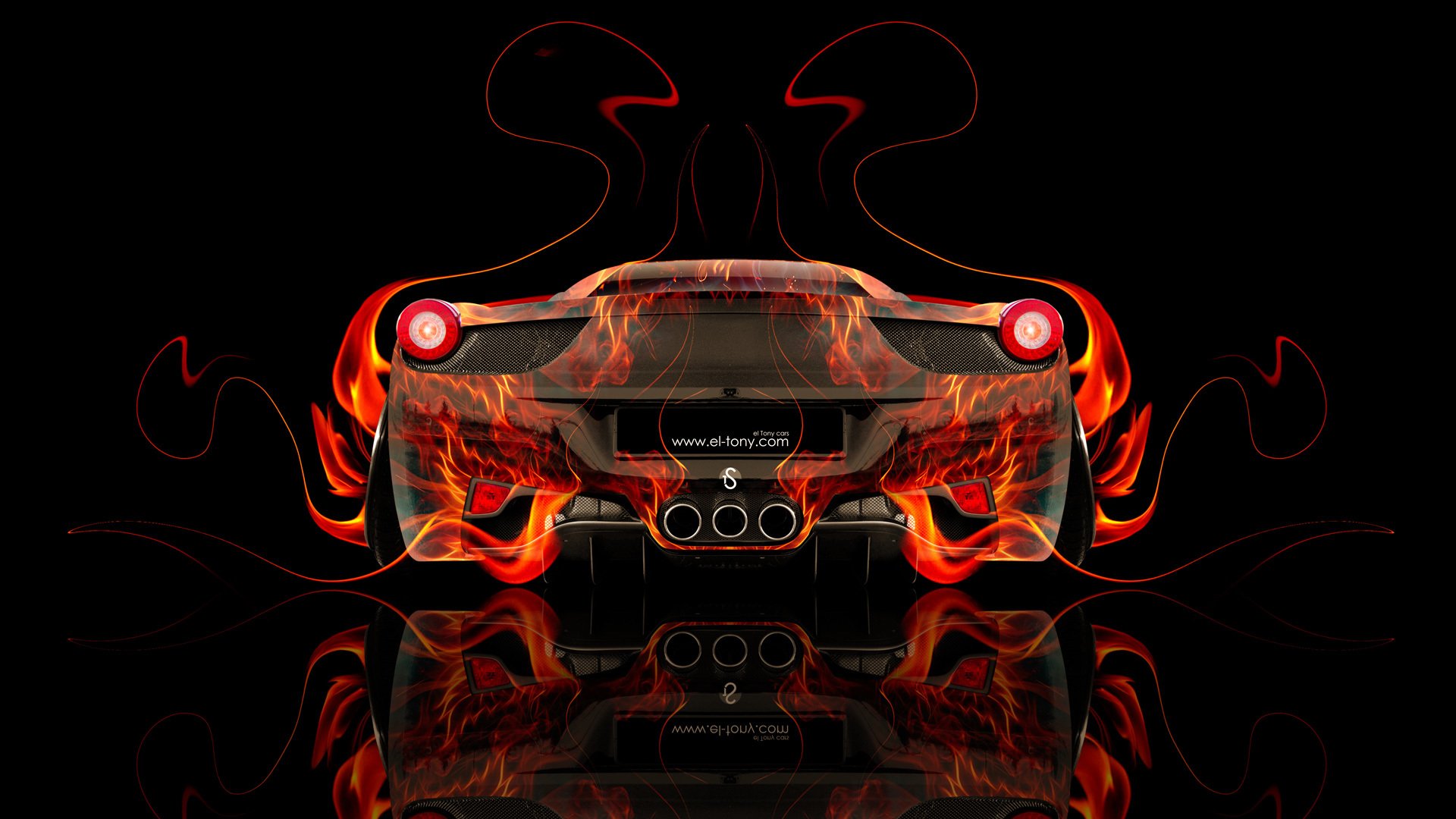 tony kohan ferrari italia atrás fuego abstracto coche naranja negro colores fondos de pantalla el tony coches photoshop arte diseño estilo ferrari italia vista trasera fuego coche fuego auto fuego llama fondo color