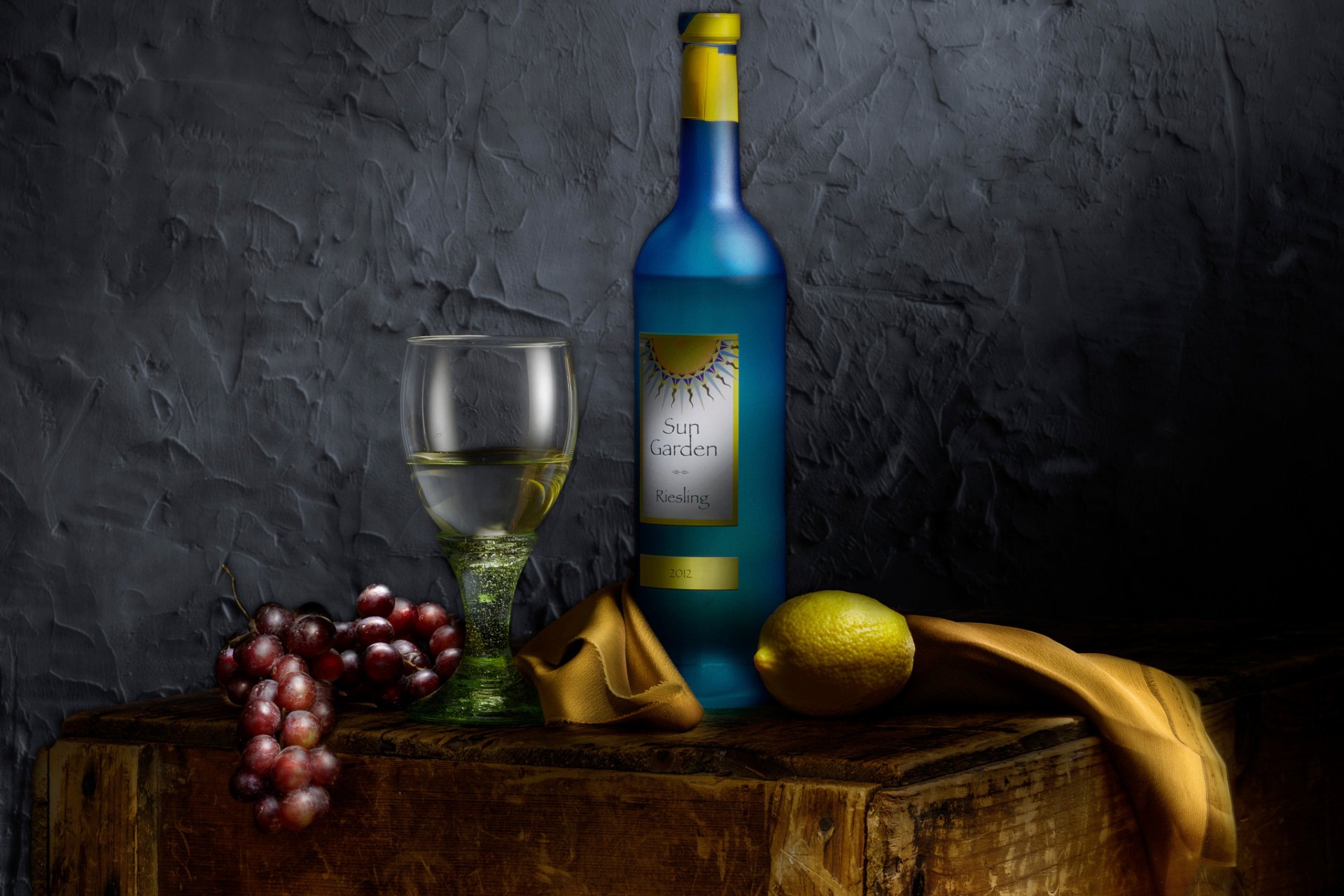 botella de vino naturaleza muerta uva limón vino copa de vino