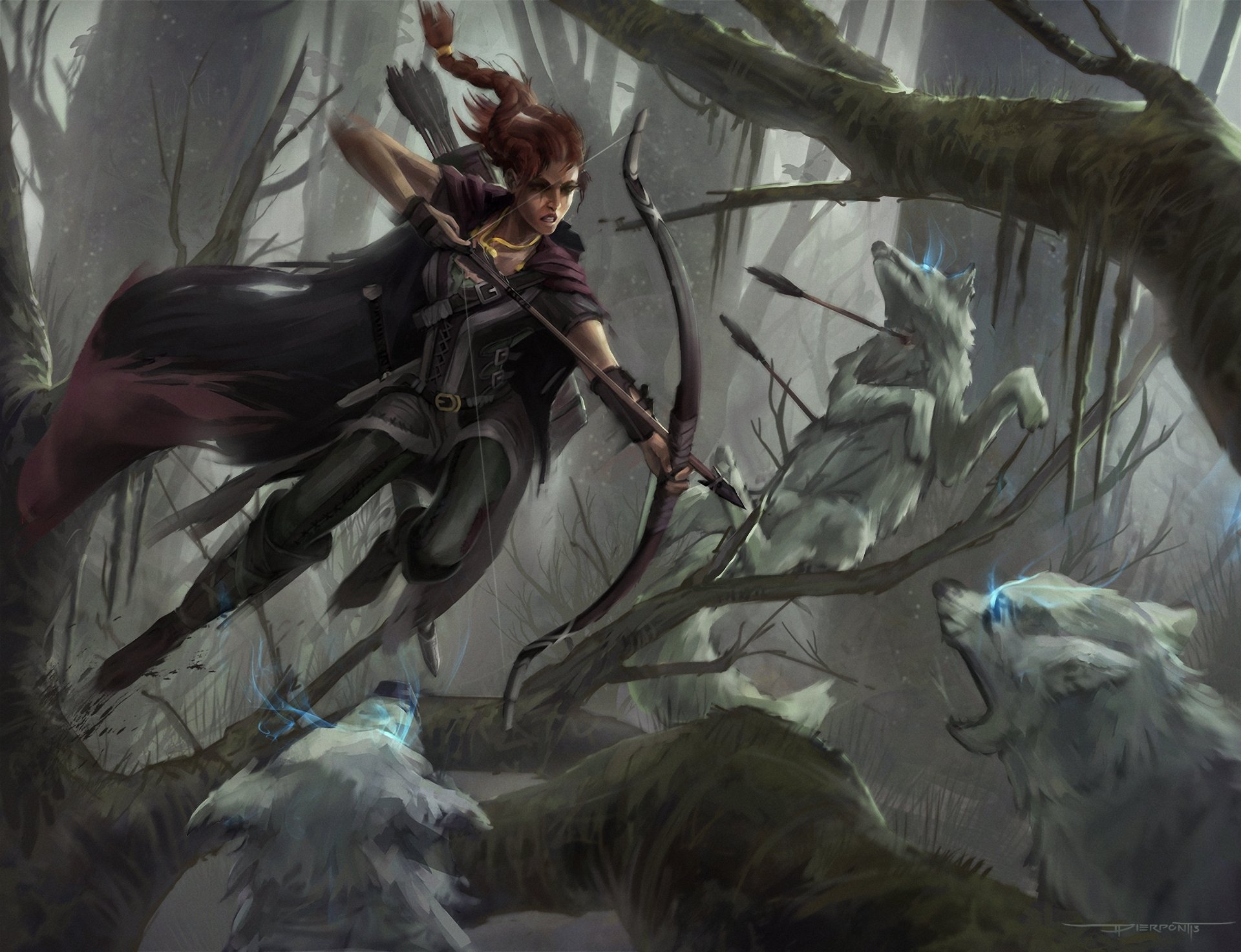 arte chica arquero lobos flechas bosque batalla salto
