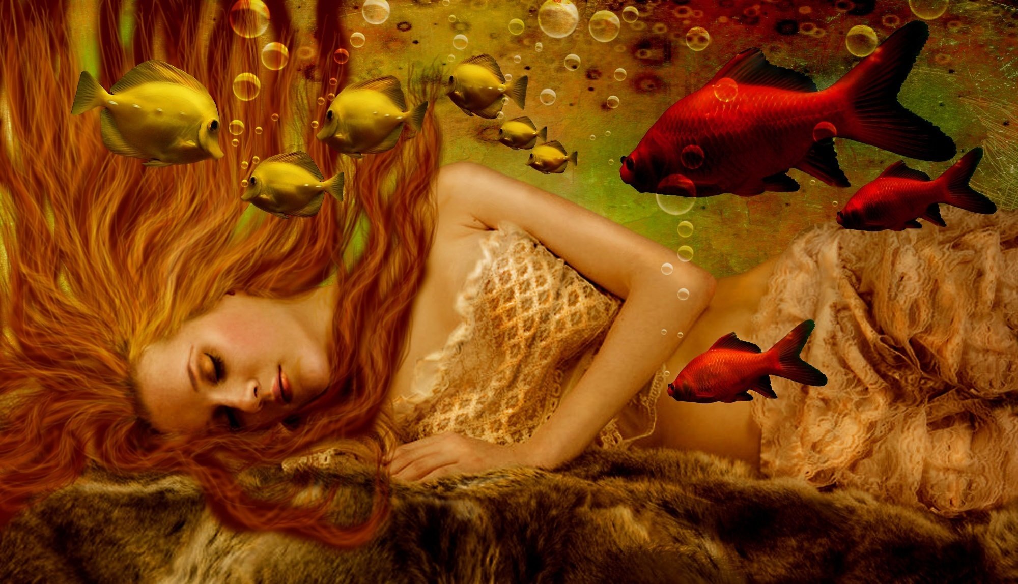 fantástico chica sirena agua burbujas cara pelo largo brazos peces