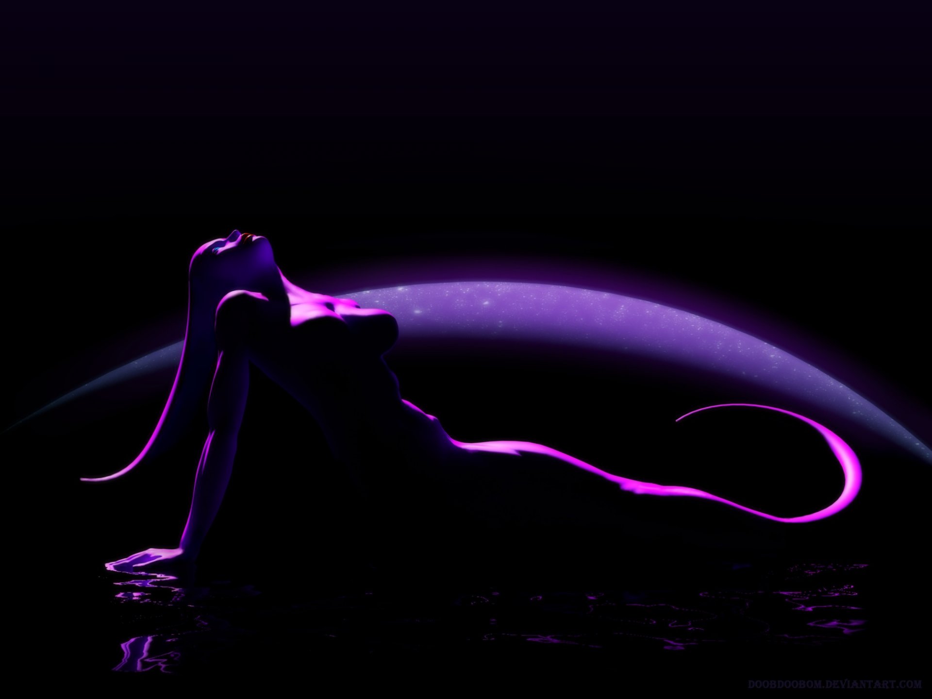 fantasía chica criatura cola mirada labios rojos noche agua reflexión