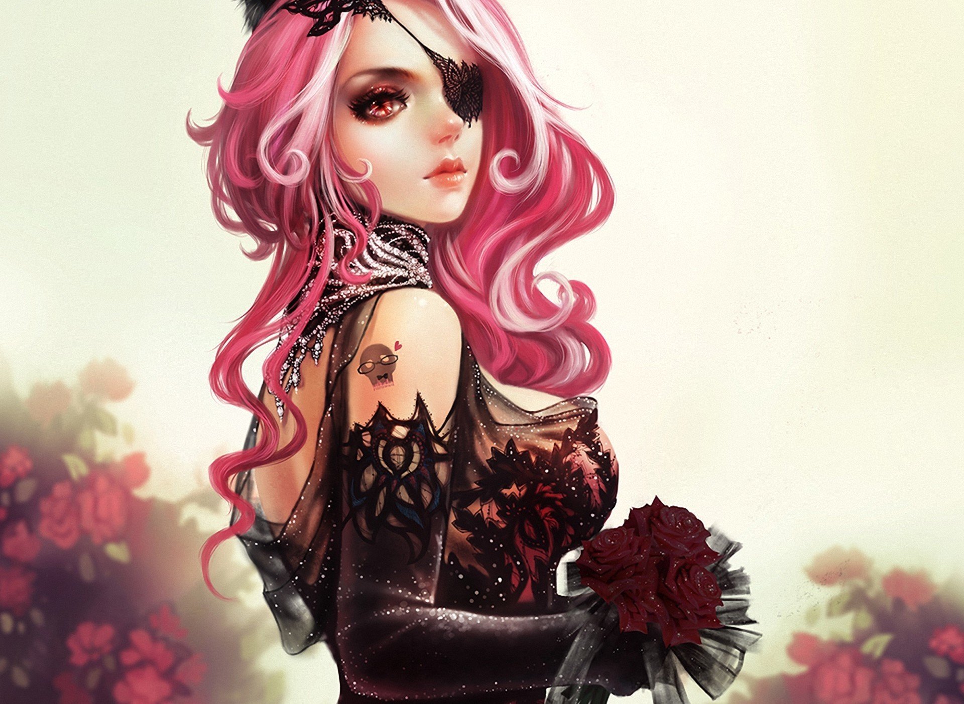 arte chica pelo rosa ramo flores diadema encaje