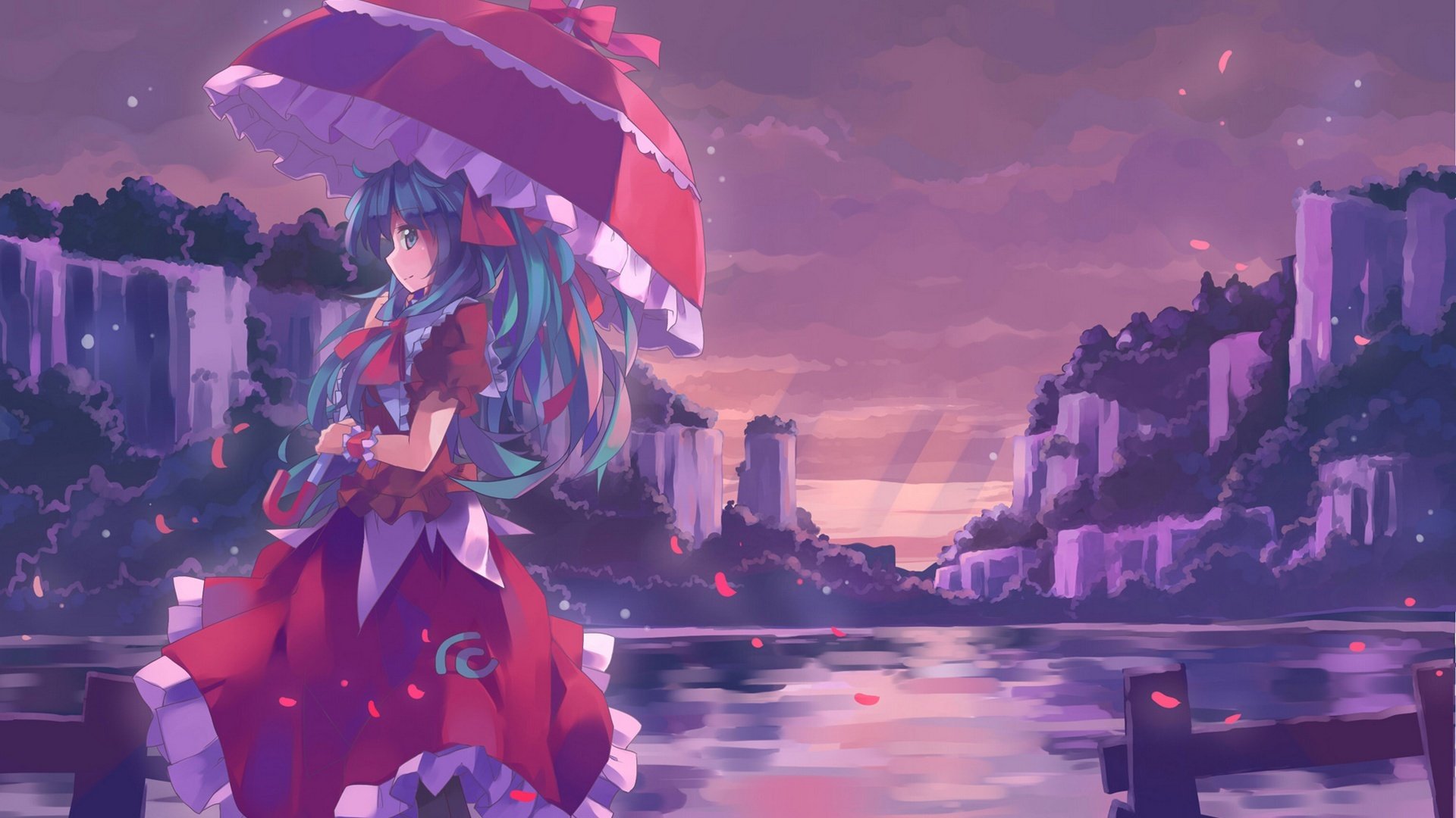 touhou kagiyama hina chica paraguas vestido agua sonrisa pétalos