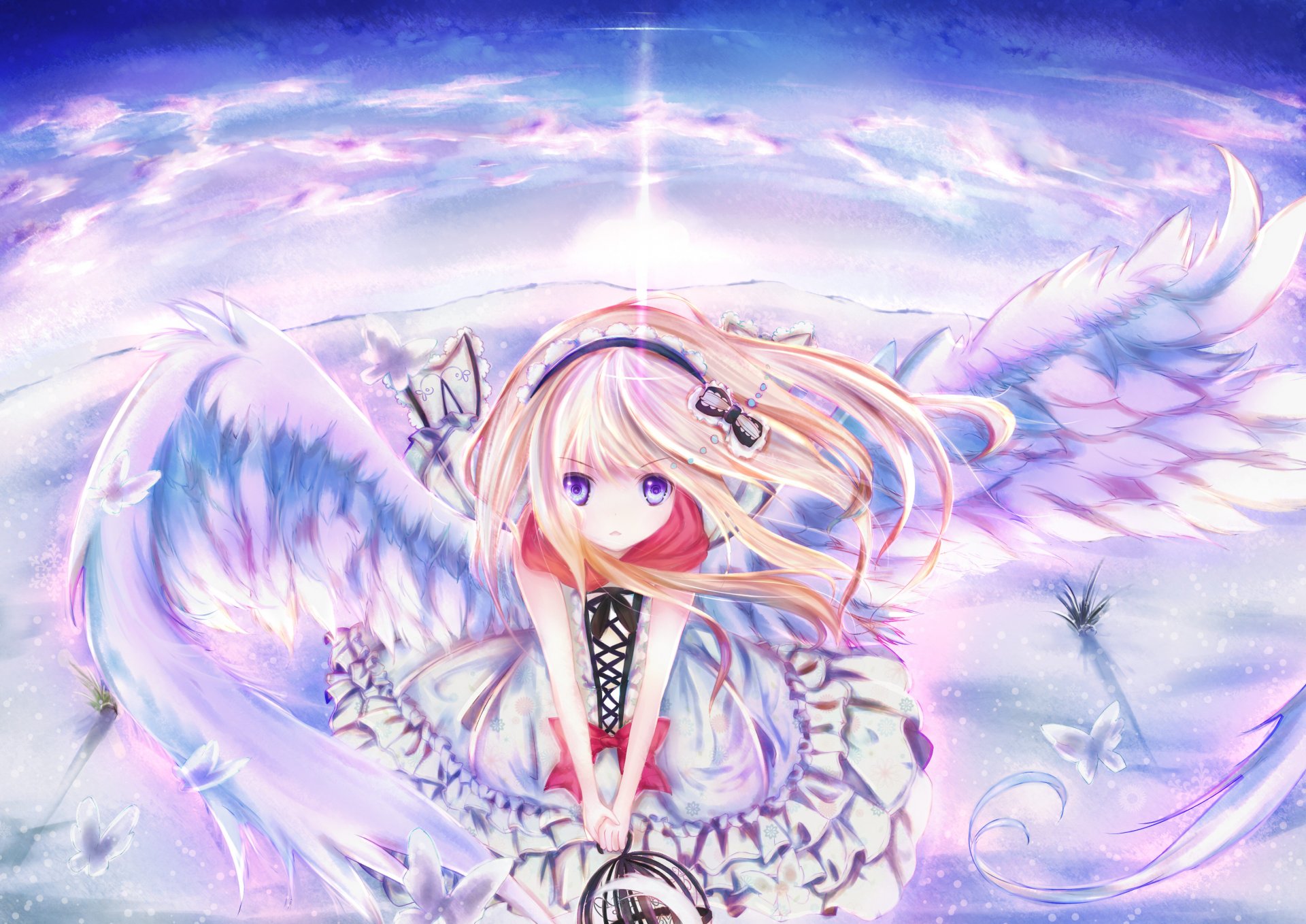 anime chica alas cielo mariposa horquilla nubes