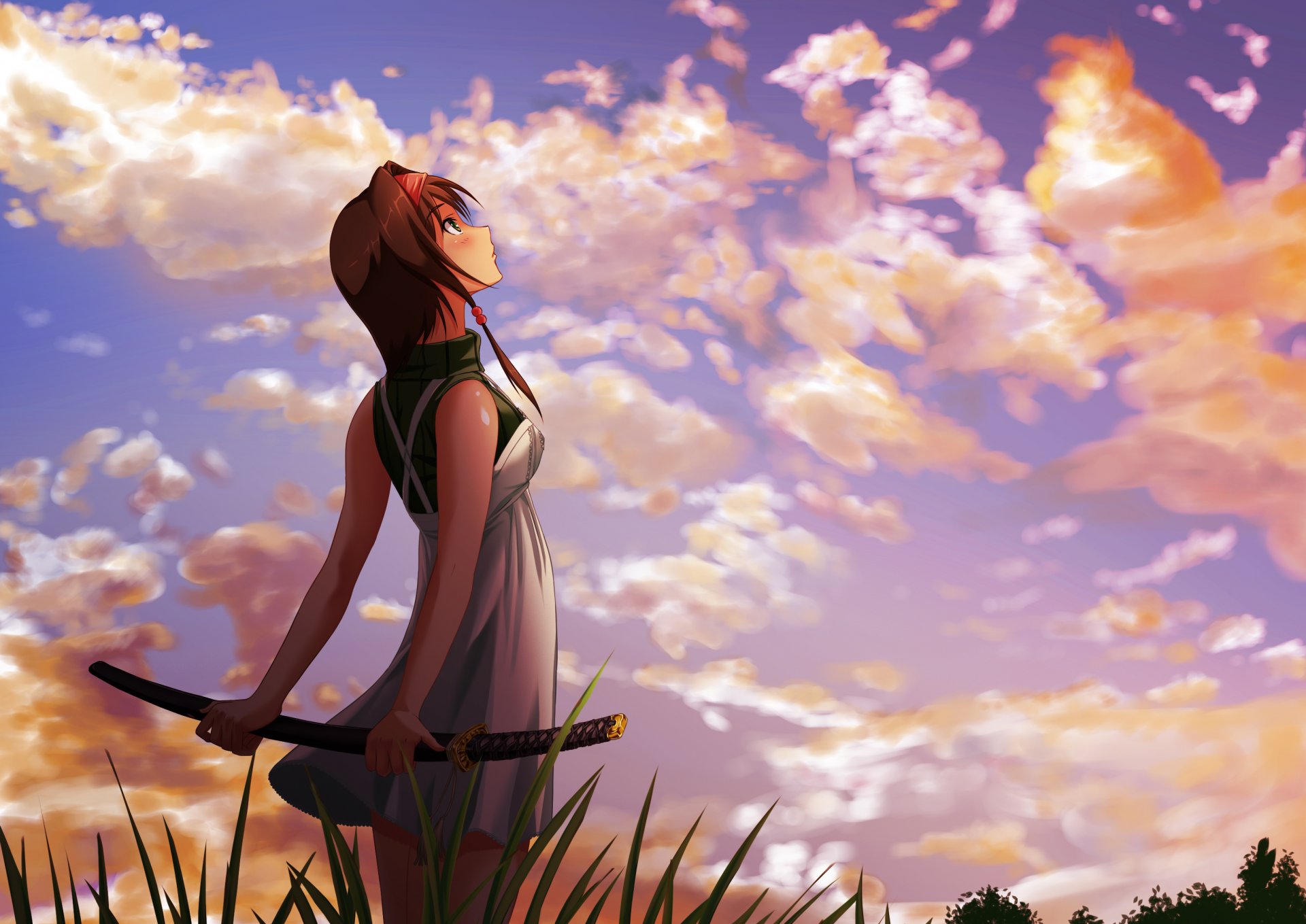 arte chica paisaje katana espada cielo nubes hierba
