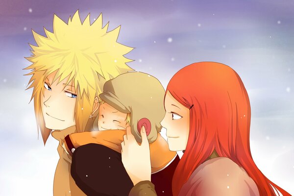 Familia feliz contra el cielo