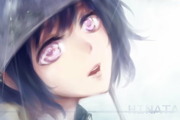 Piggy Hinata es una chica con el pelo púrpura. Paraguas transparente en una chica de anime