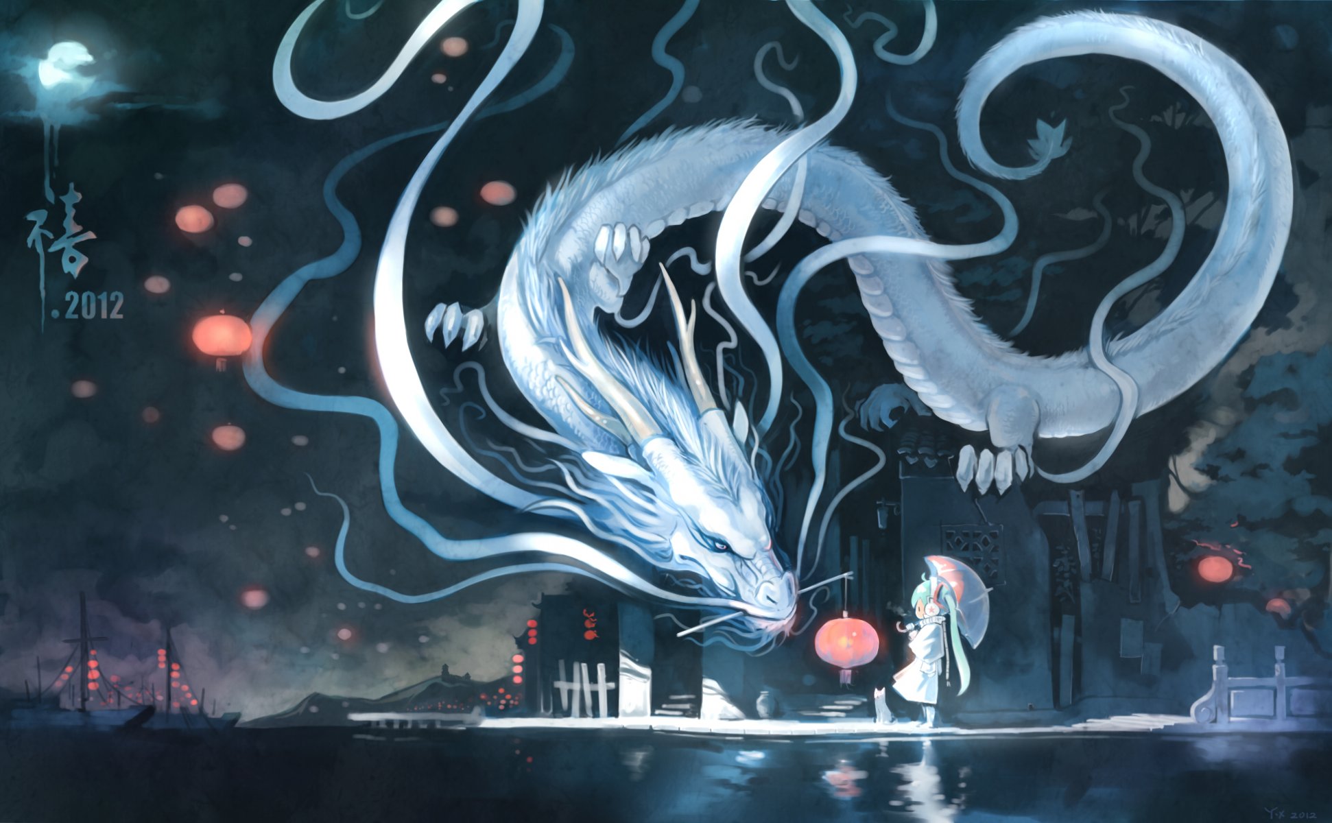 arte yuushouku hatsune miku vocaloid dragón ciudad noche luna paraguas linterna gato muelle