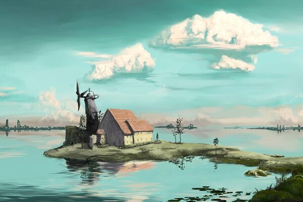 Molino junto al lago con el cielo azul