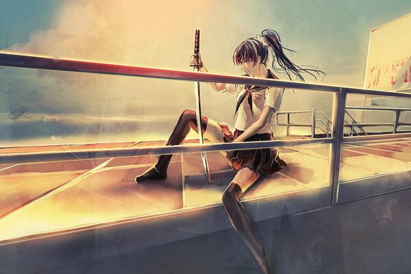 Colegiala chica en la azotea del edificio