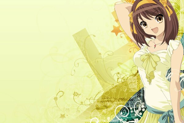 Chica anime sobre fondo verde amarillo