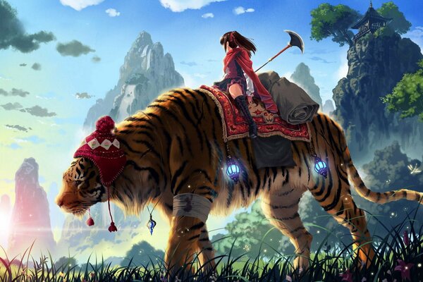 Chica de anime Chan en un tigre en un sombrero de invierno. Anime fantasía