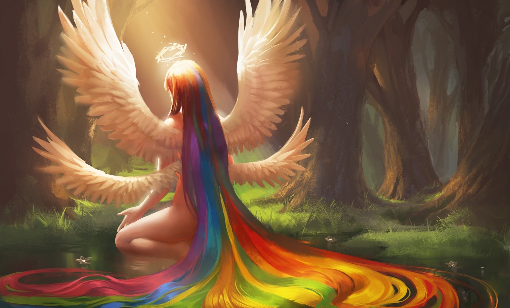 arte sakimichan chica arco iris pelo alas ángel halo bosque estanque agua flores sentado espalda