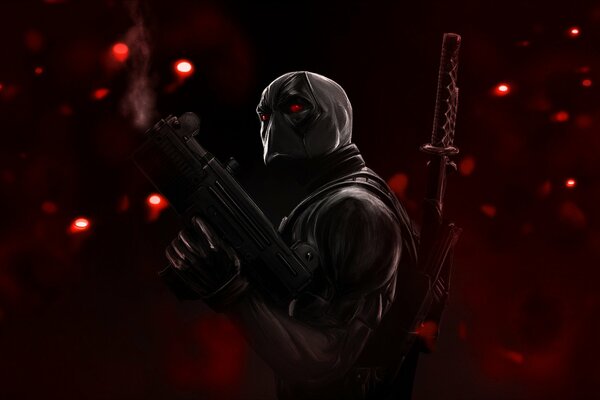 Deadpool con una Katana sobre un fondo rojo con reflejos