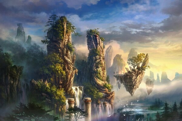 Paisaje fantástico con montañas voladoras y cascadas al atardecer