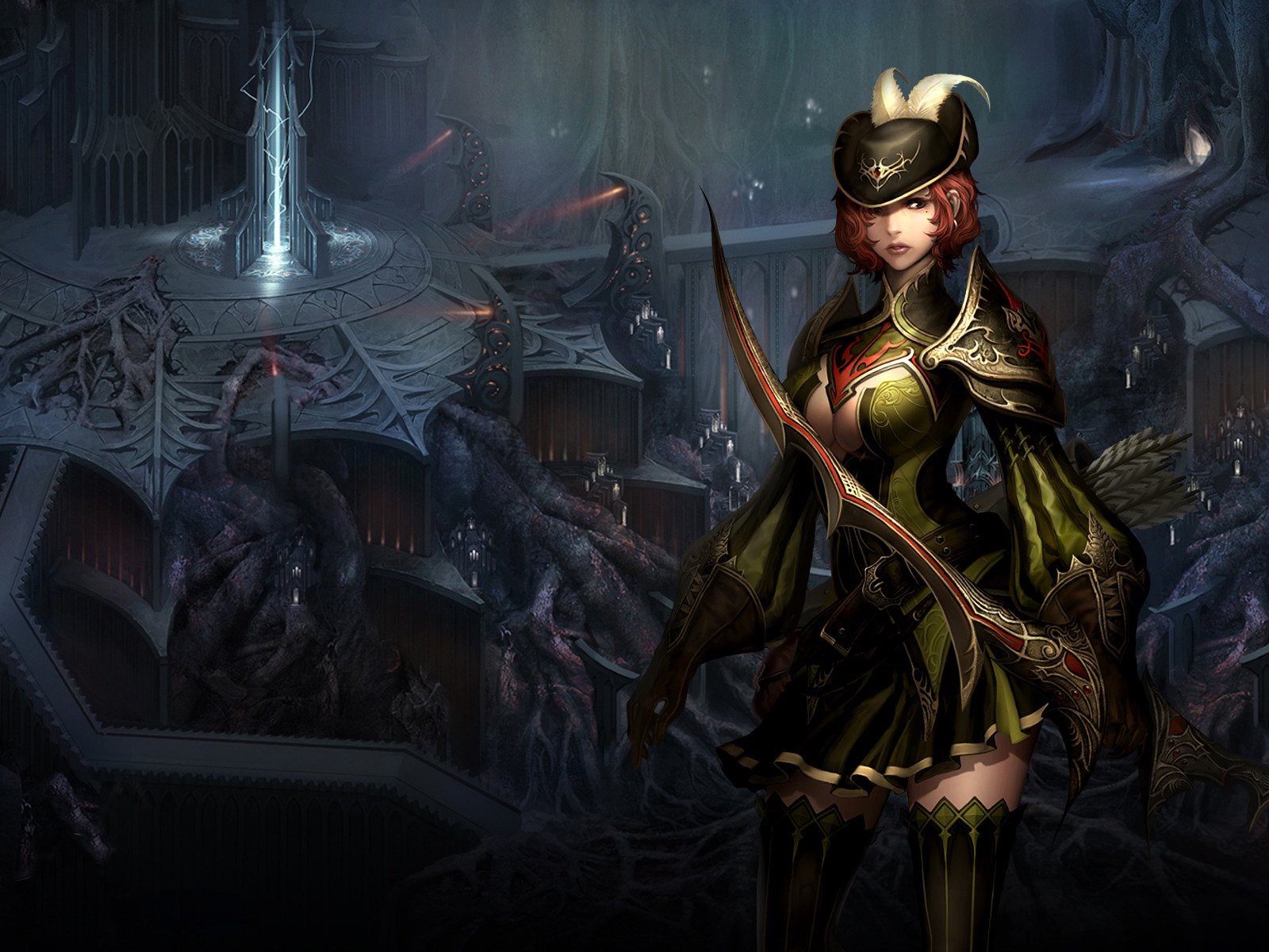 portal raíces arquera falda sombrero arco flechas carcaj