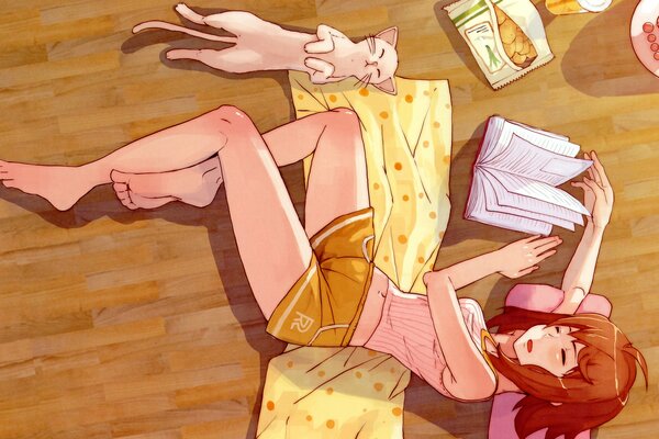 Chica de anime yace en el Suelo con un gato