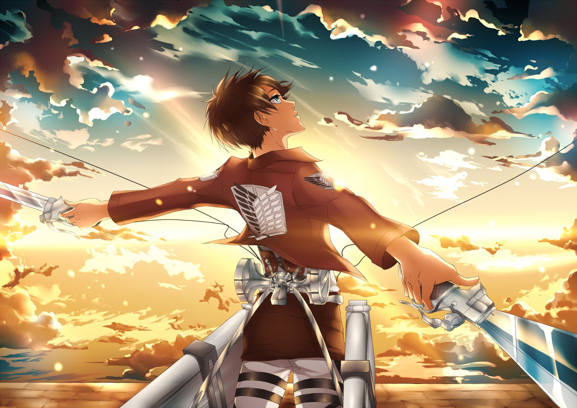 arte kristallin-e anime invasión de gigantes eren jaeger chico espadas armas puesta de sol cielo nubes no shingeki no kyojin