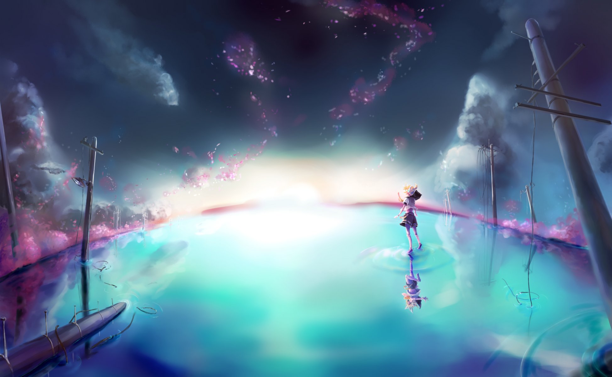 arte vocaloid kagamine rin kagamine len chica chico agua reflexión vocaloid cielo nubes pilares estrellas auriculares
