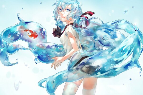 Chica anime rodeada de agua