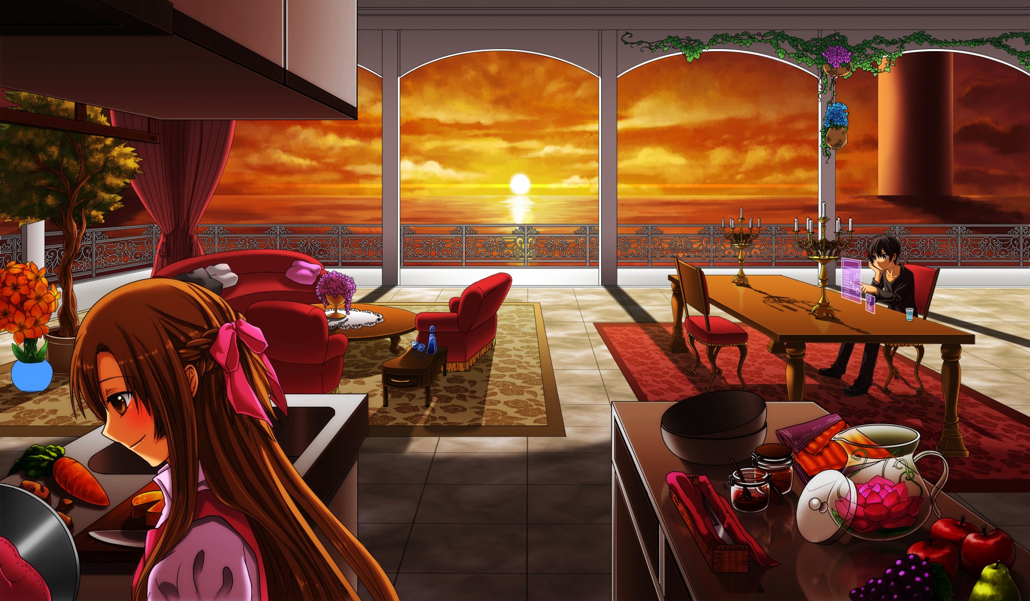 espada de arte en línea yuki asuna kirito chica chico habitación mesas puesta de sol fruta mar cocina