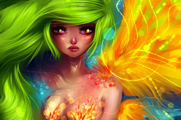 Arte hermosa sirena con cabello verde olas amarillas