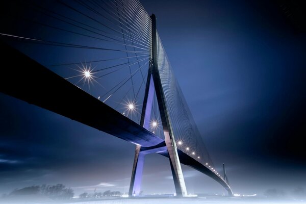 Luces nocturnas del puente en la niebla