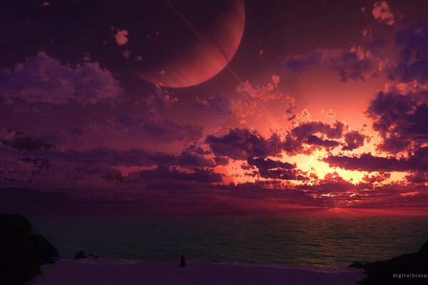 Paisaje fantástico con la imagen del planeta