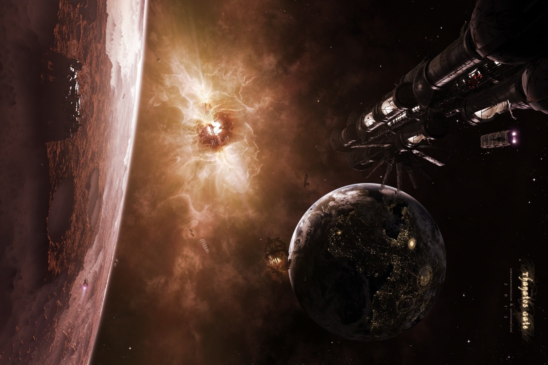 planeta satélite superficie cráteres naves espaciales