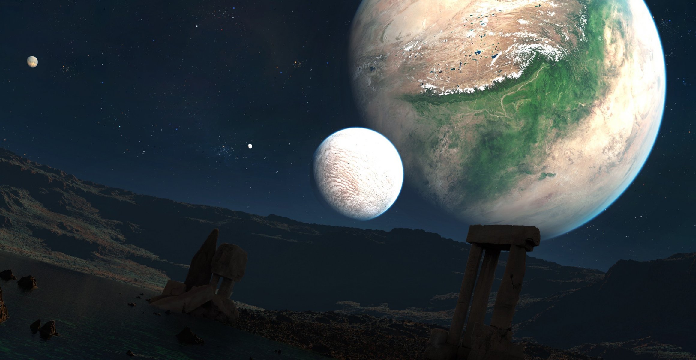 planetas estrellas paisaje ruinas columnas arcos lago rocas piedras