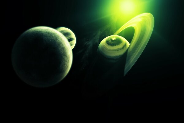 Varios planetas en el espacio en verde