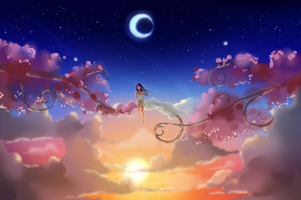 Chica en la nube. Imagen de estilo anime
