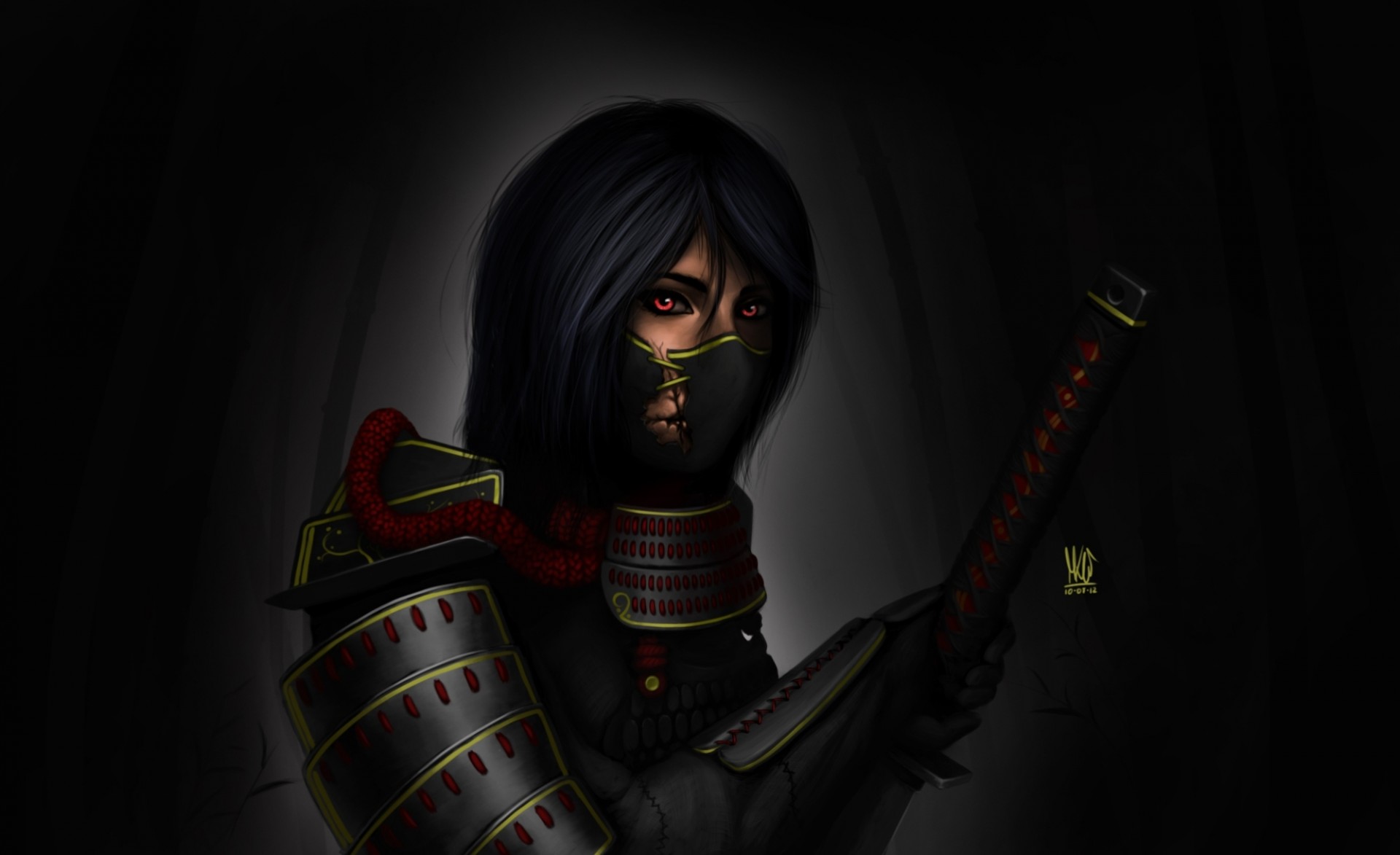arte chica diadema mango espada armadura katana fondo oscuro samurai