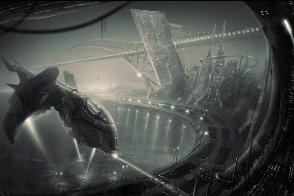Nave espacial sobre el puente en la ciudad del futuro
