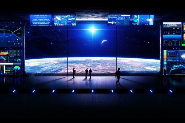 Una gran pantalla en el espacio donde sólo los planetas y las estrellas
