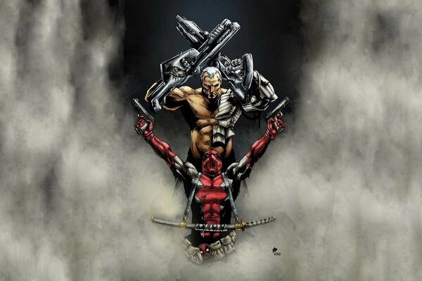 Deadpool y superhéroe en la niebla