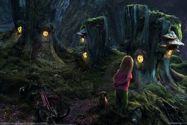 Chica en el bosque oscuro entre tocones