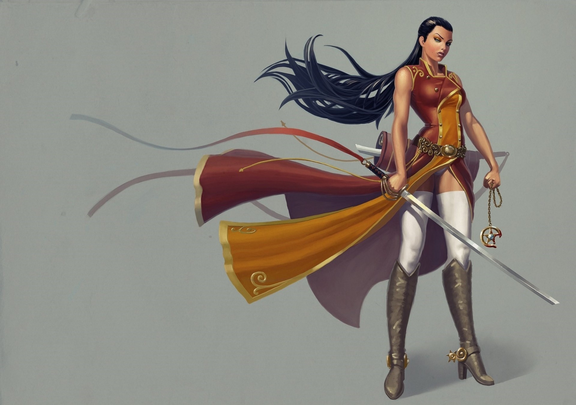 arma chica traje picos vista fondo gris espada botas guerrero pelo largo