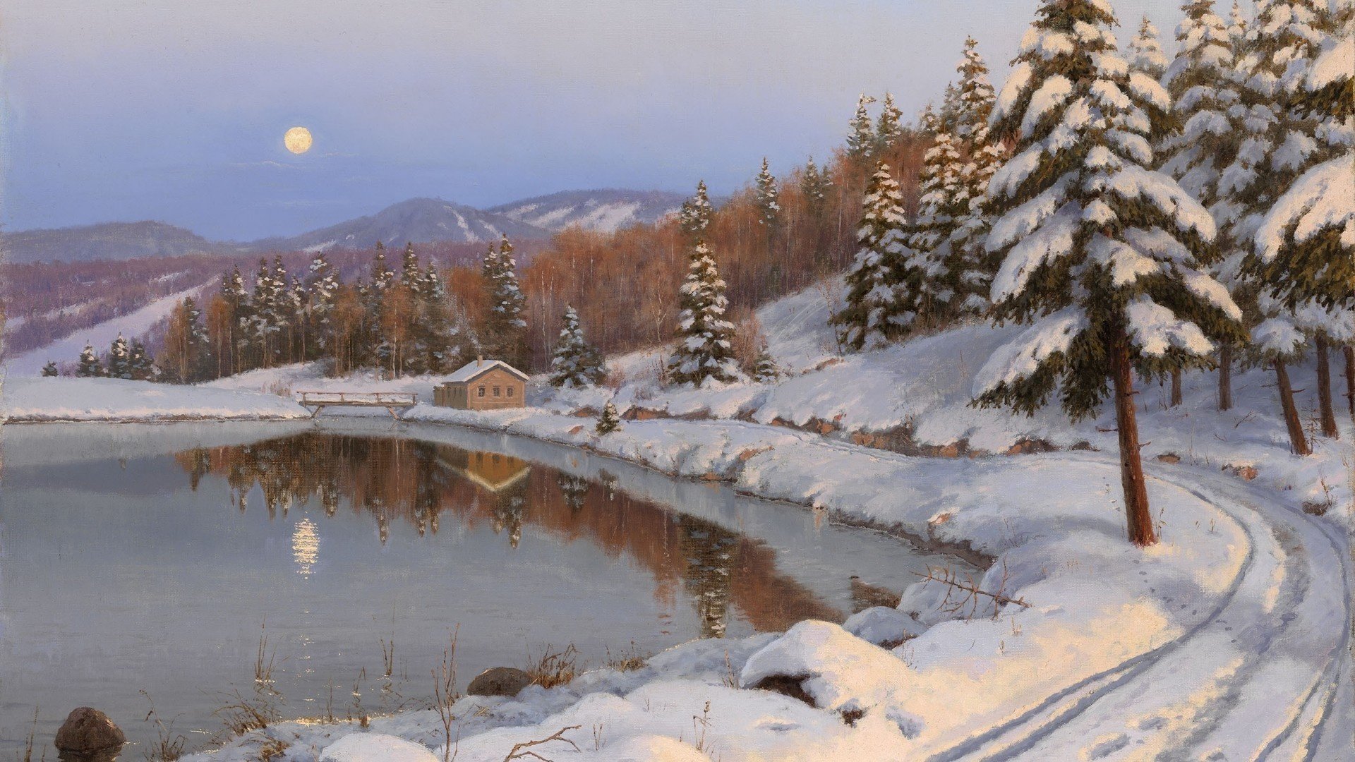 pintura casa lago invierno