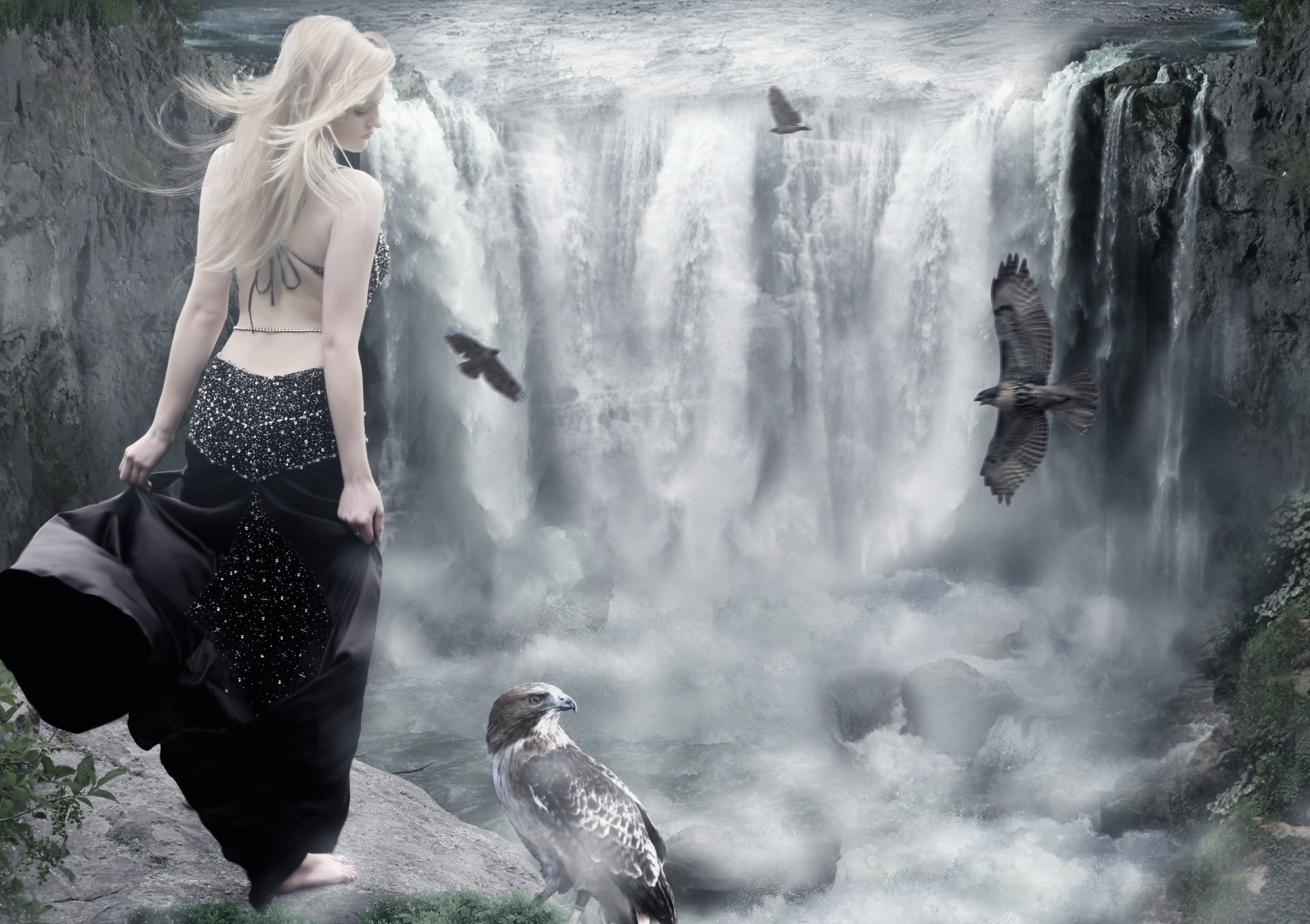 chica espalda vestido rubia perfil aves agua cascada