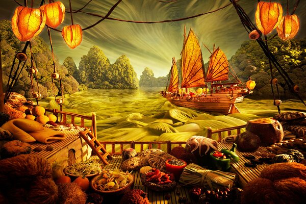 Comida japonesa en medio de un paisaje marino
