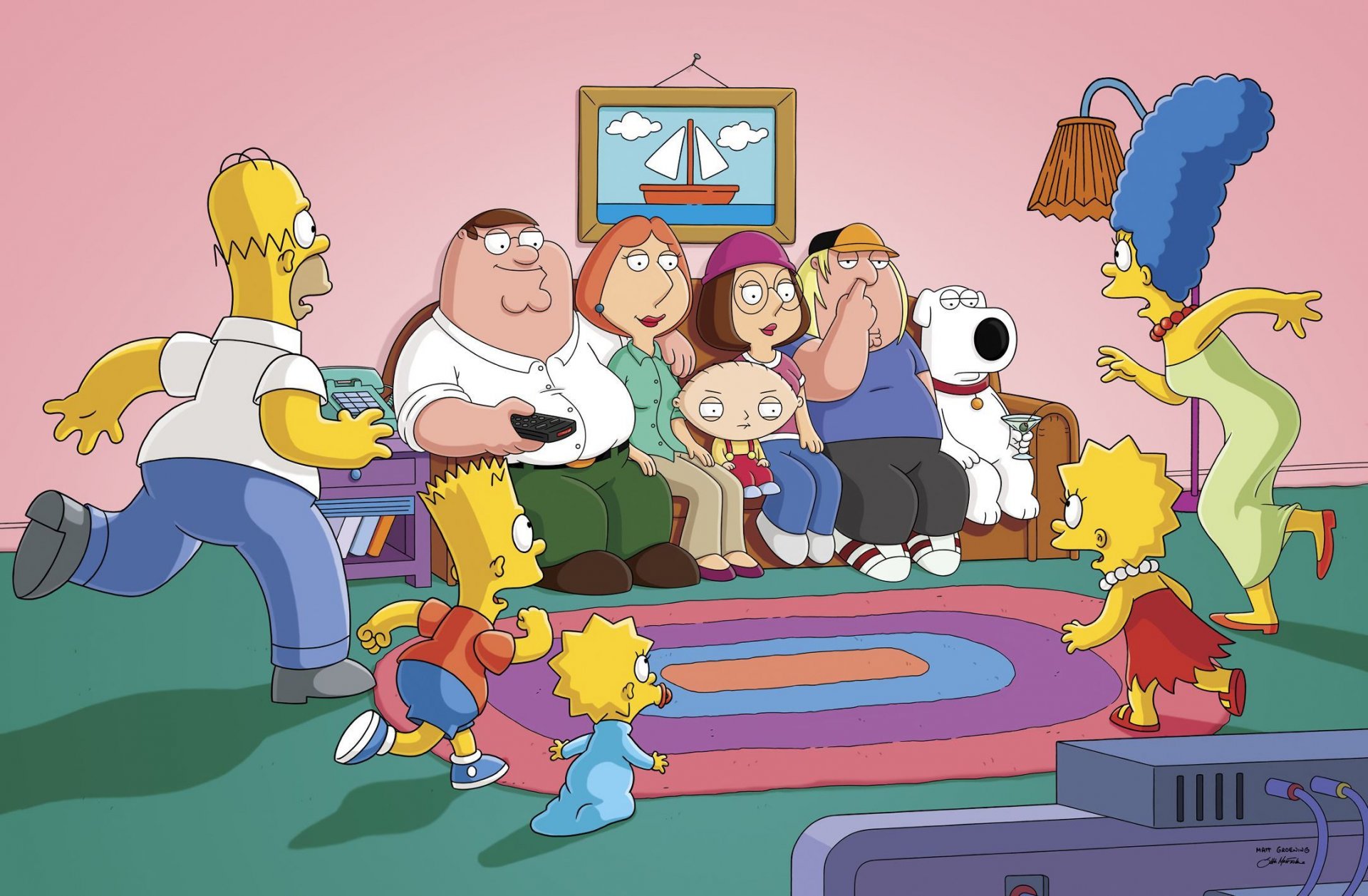los simpson family guy homer bart maggie lisa marge peter lois stewie meg chris brian serie animada sofá pintura matt groening