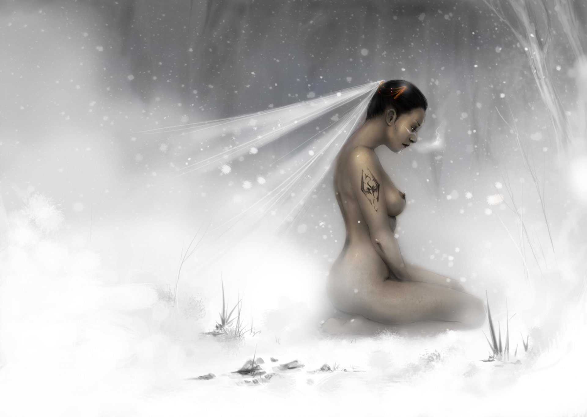arte skyrim ciprés redgardiano chica tatuaje nieve velo desnudo